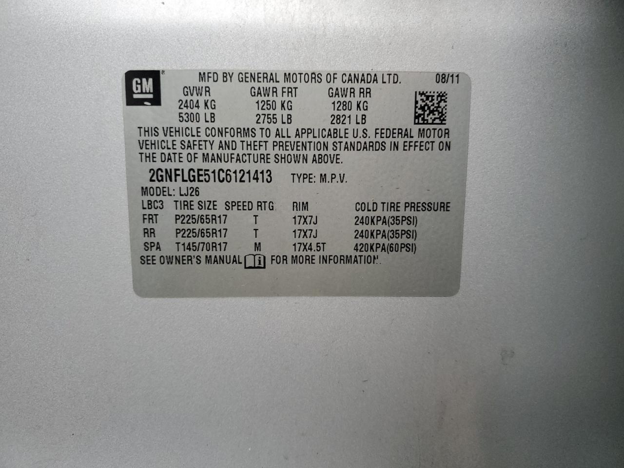 2012 Chevrolet Equinox Ltz VIN: 2GNFLGE51C6121413 Lot: 93705525