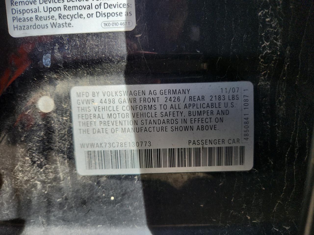 2008 Volkswagen Passat Komfort VIN: WVWAK73C78E130773 Lot: 90809595