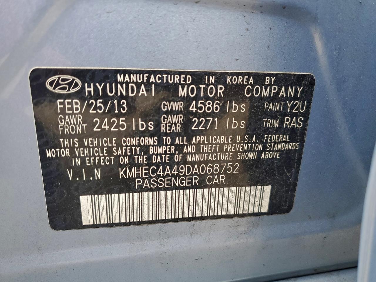 2013 Hyundai Sonata Hybrid VIN: KMHEC4A49DA068752 Lot: 94464745