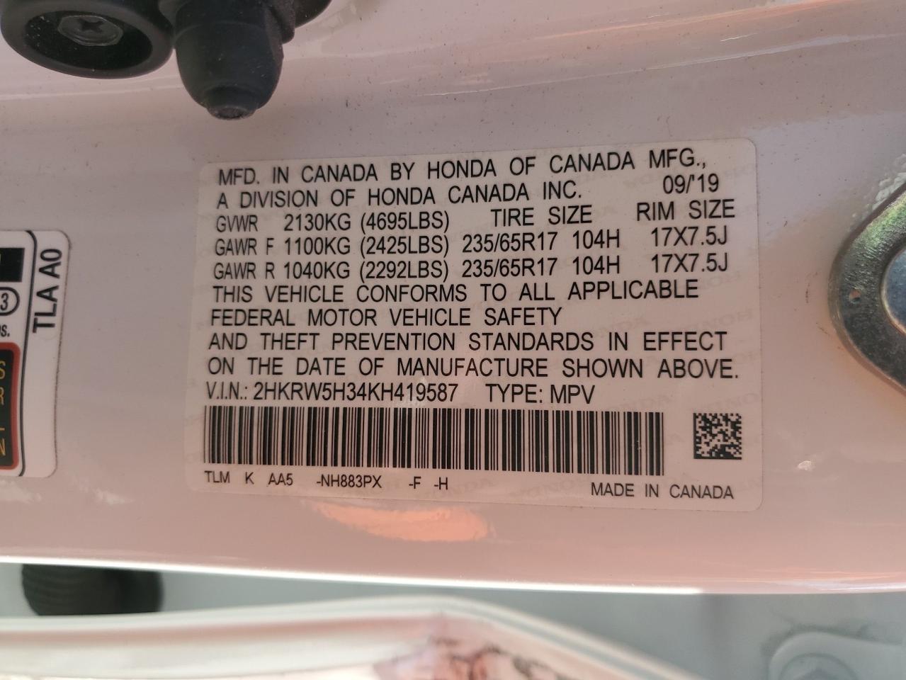 2019 Honda Cr-V Lx VIN: 2HKRW5H34KH419587 Lot: 92894995
