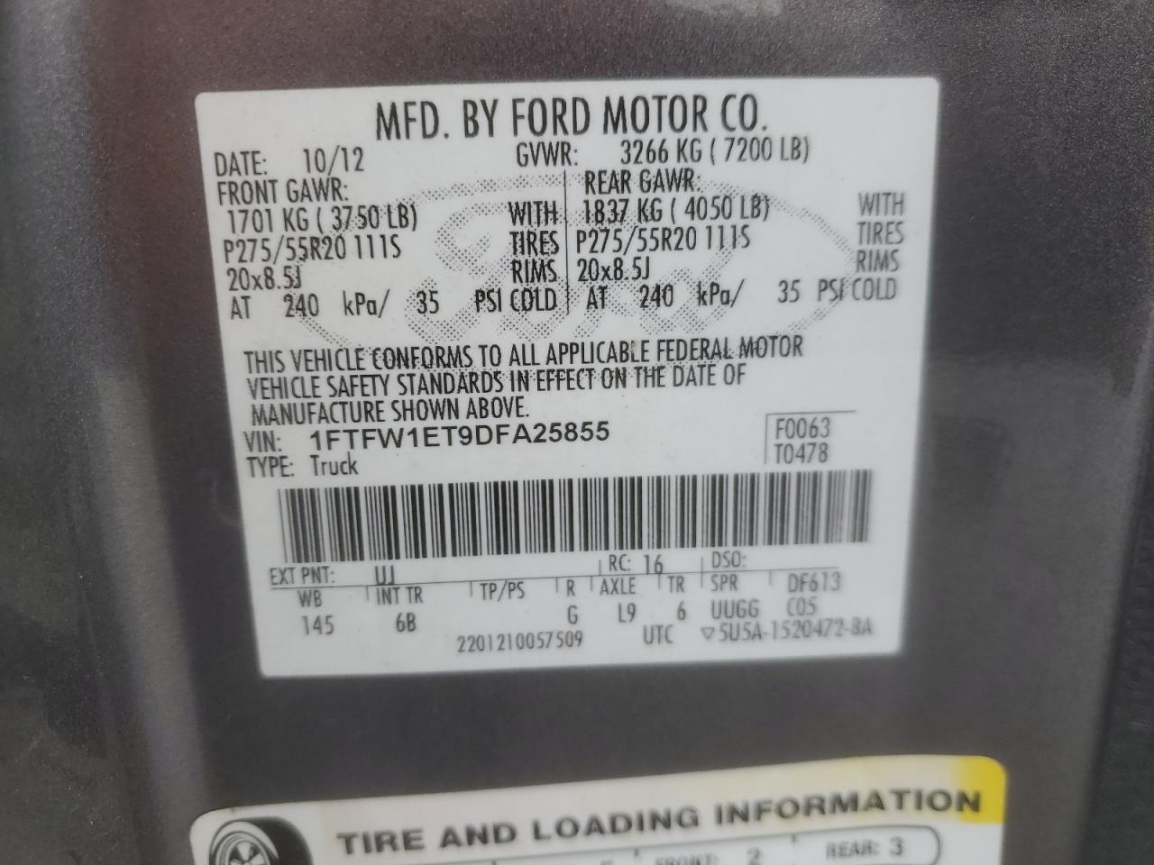 2013 Ford F150 Supercrew VIN: 1FTFW1ET9DFA25855 Lot: 91102375