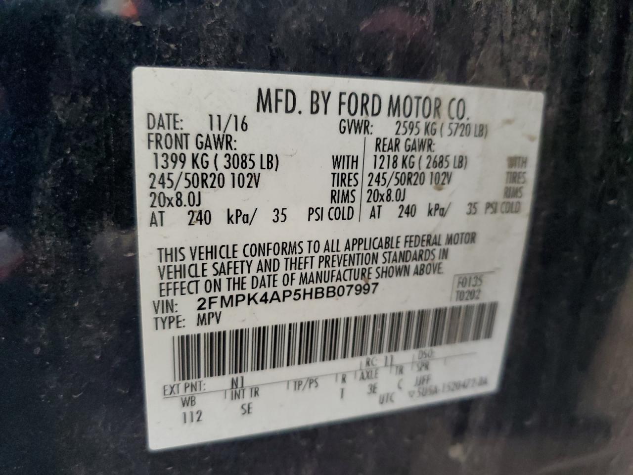 2017 Ford Edge Sport VIN: 2FMPK4AP5HBB07997 Lot: 91435535