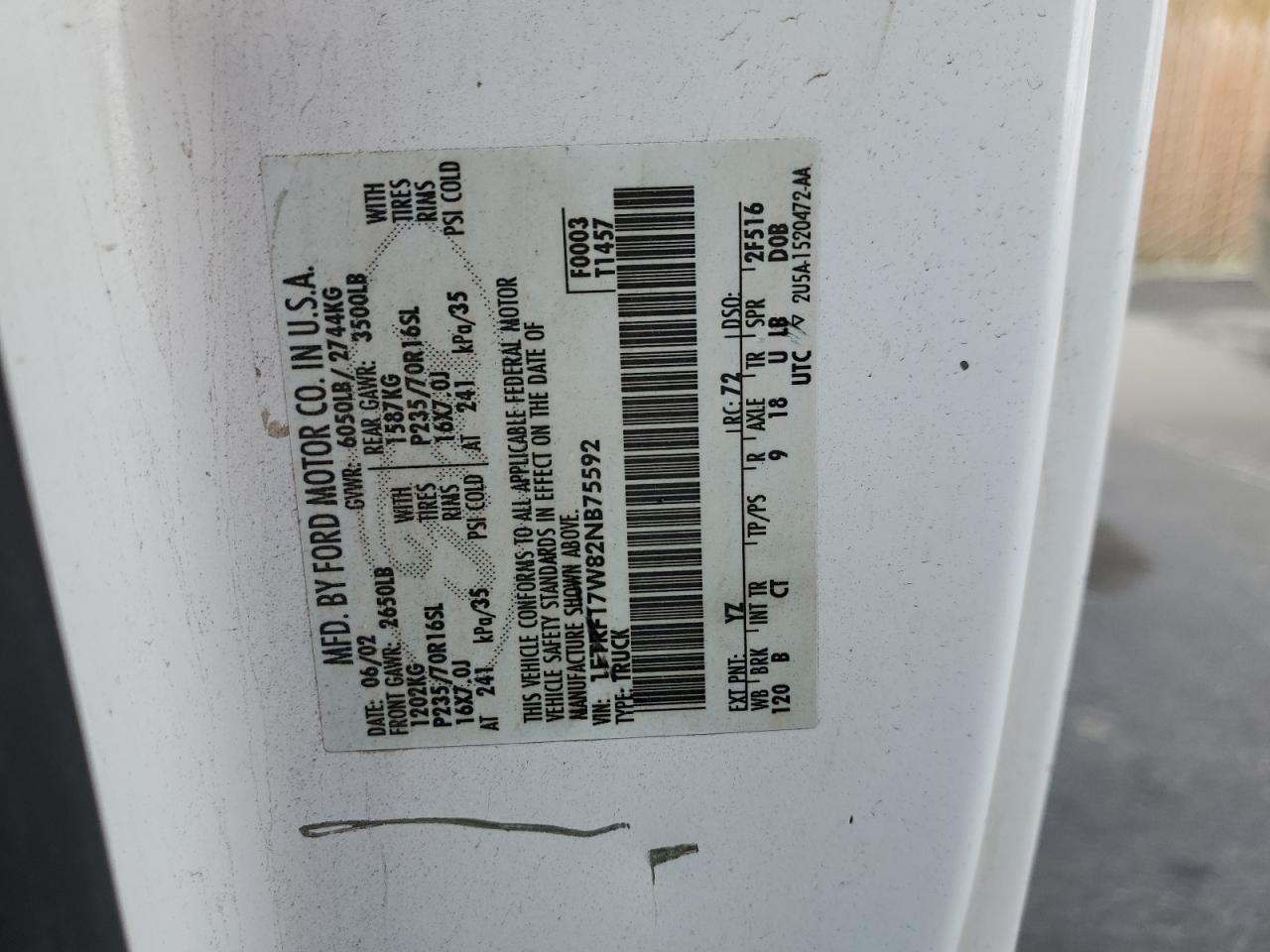 2002 Ford F150 VIN: 1FTRF17W82NB75592 Lot: 91302815