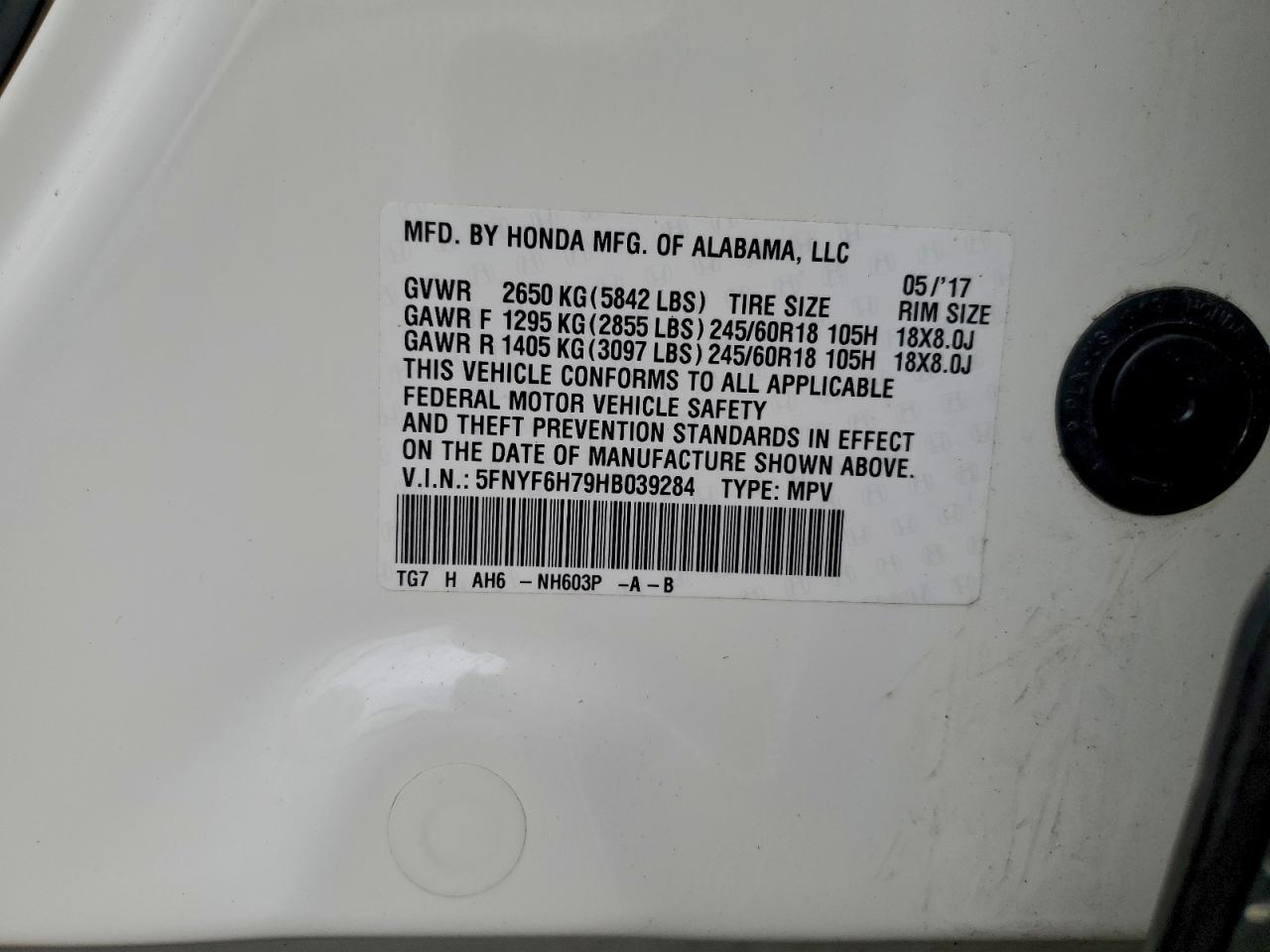 2017 Honda Pilot Exln VIN: 5FNYF6H79HB039284 Lot: 93885595