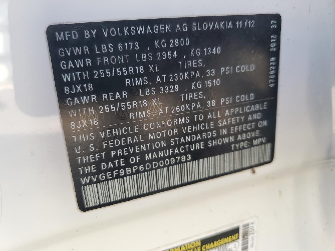 2013 Volkswagen Touareg V6 VIN: WVGEF9BP6DD009783 Lot: 93393505