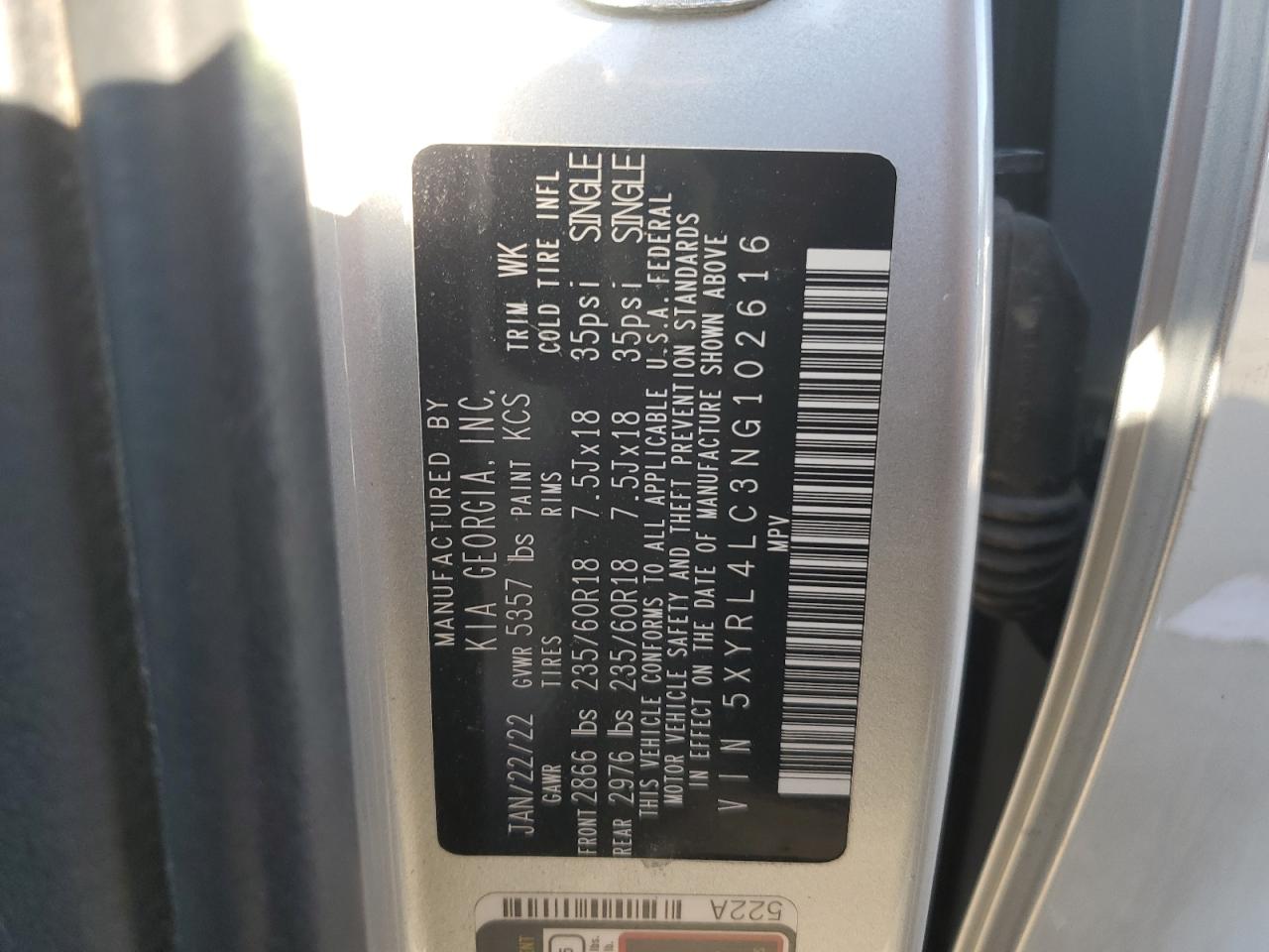 2022 Kia Sorento S VIN: 5XYRL4LC3NG102616 Lot: 91109465