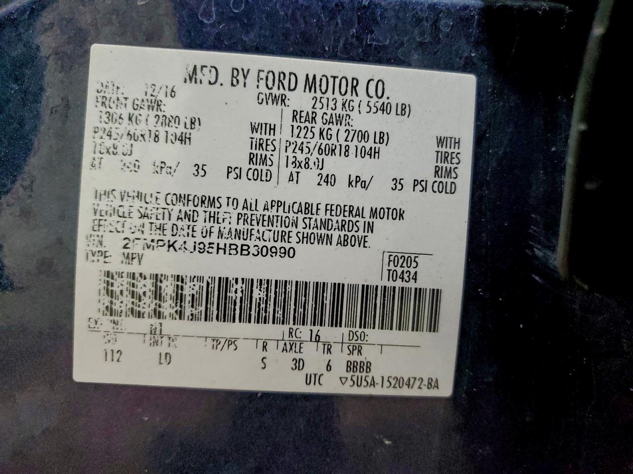 2017 Ford Edge Sel VIN: 2FMPK4J95HBB30990 Lot: 94063045