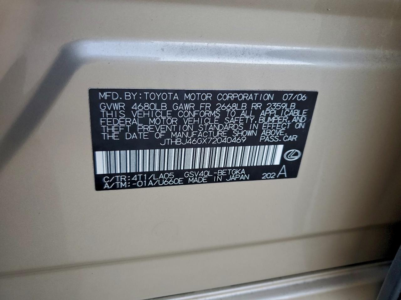 2007 Lexus Es 350 VIN: JTHBJ46GX72040469 Lot: 94588405