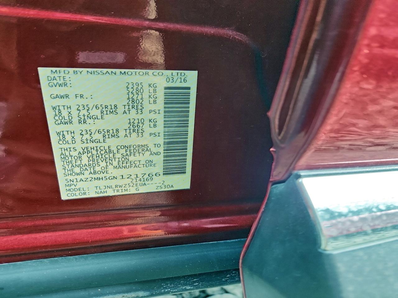 2016 Nissan Murano S VIN: 5N1AZ2MH5GN121766 Lot: 94256335