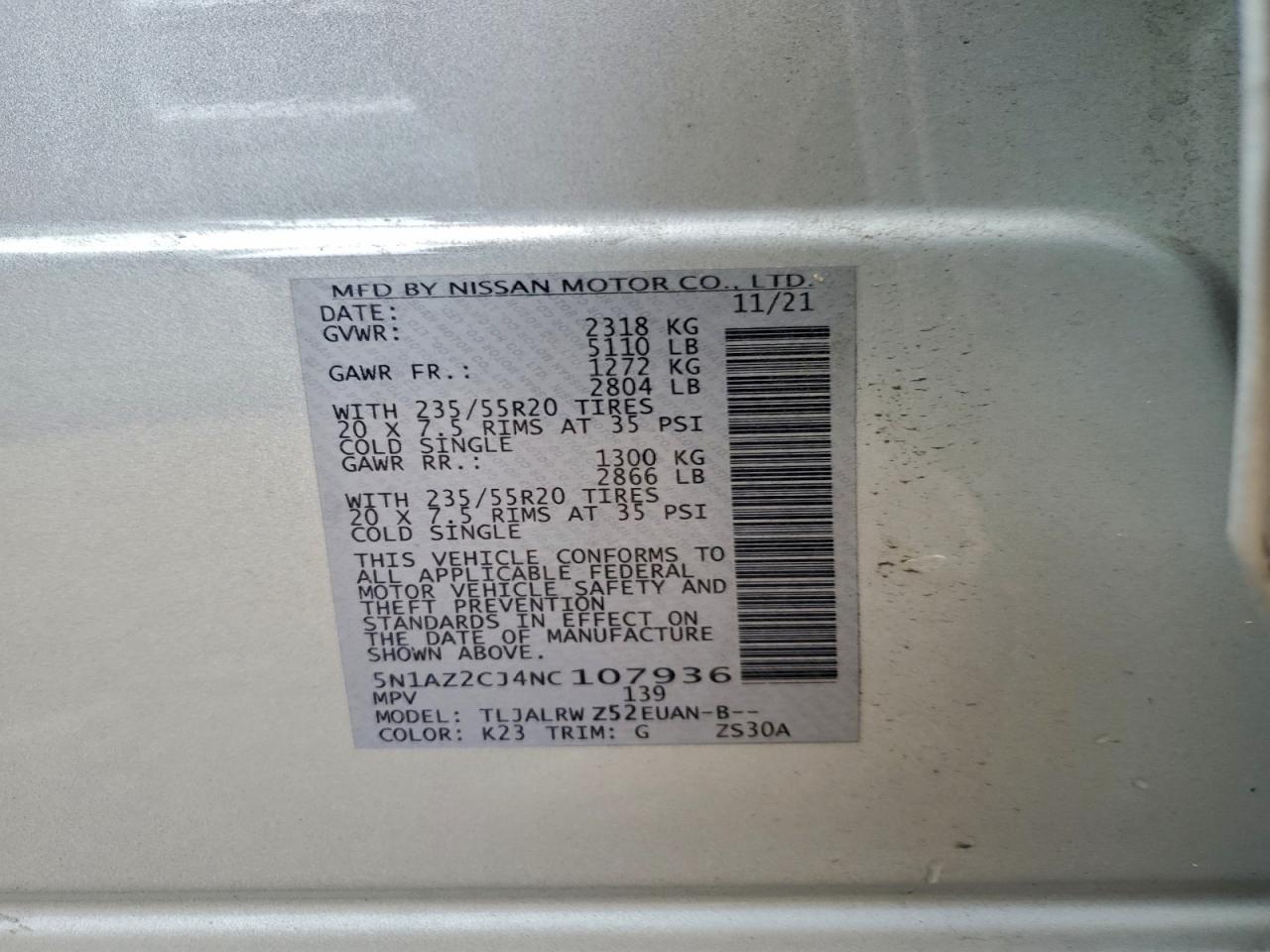 2022 Nissan Murano Sl VIN: 5N1AZ2CJ4NC107936 Lot: 94111945