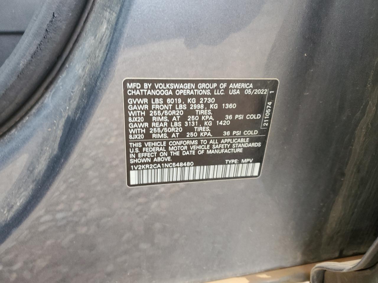 2022 Volkswagen Atlas Se VIN: 1V2KR2CA1NC548480 Lot: 92584265