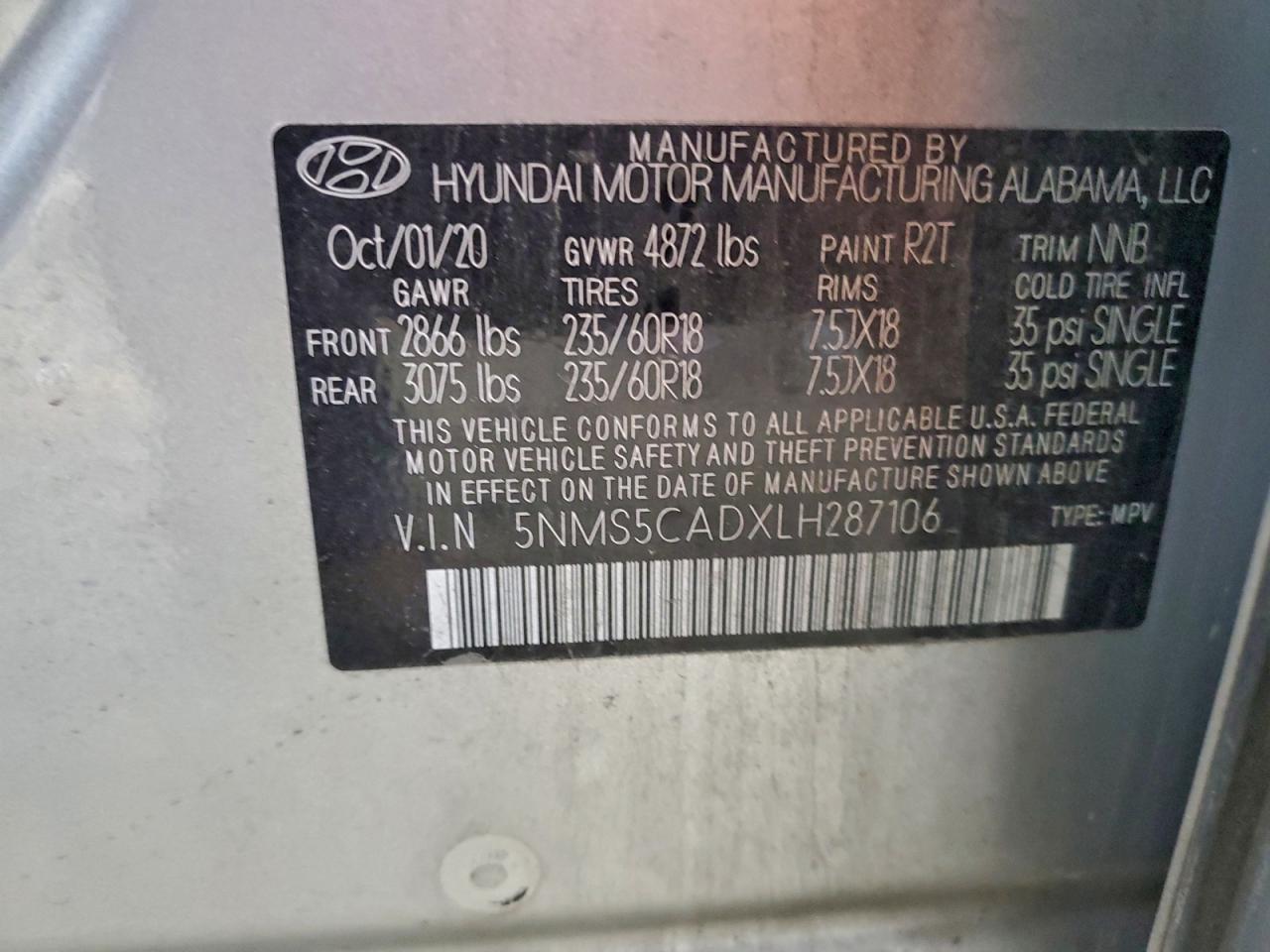 2020 Hyundai Santa Fe Limited VIN: 5NMS5CADXLH287106 Lot: 93410165