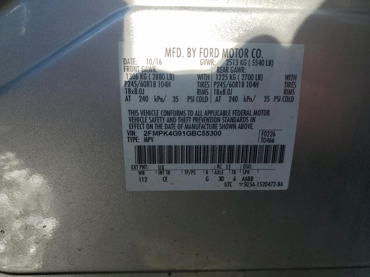 2016 Ford Edge Se VIN: 2FMPK4G91GBC55300 Lot: 90928065