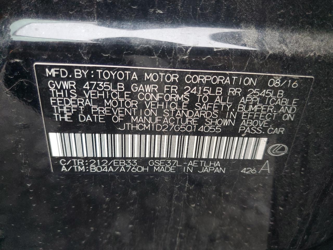 2016 Lexus Is 300 VIN: JTHCM1D27G5014055 Lot: 92070145