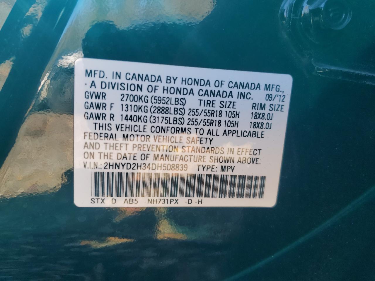 2013 Acura Mdx Technology VIN: 2HNYD2H34DH508839 Lot: 91660275