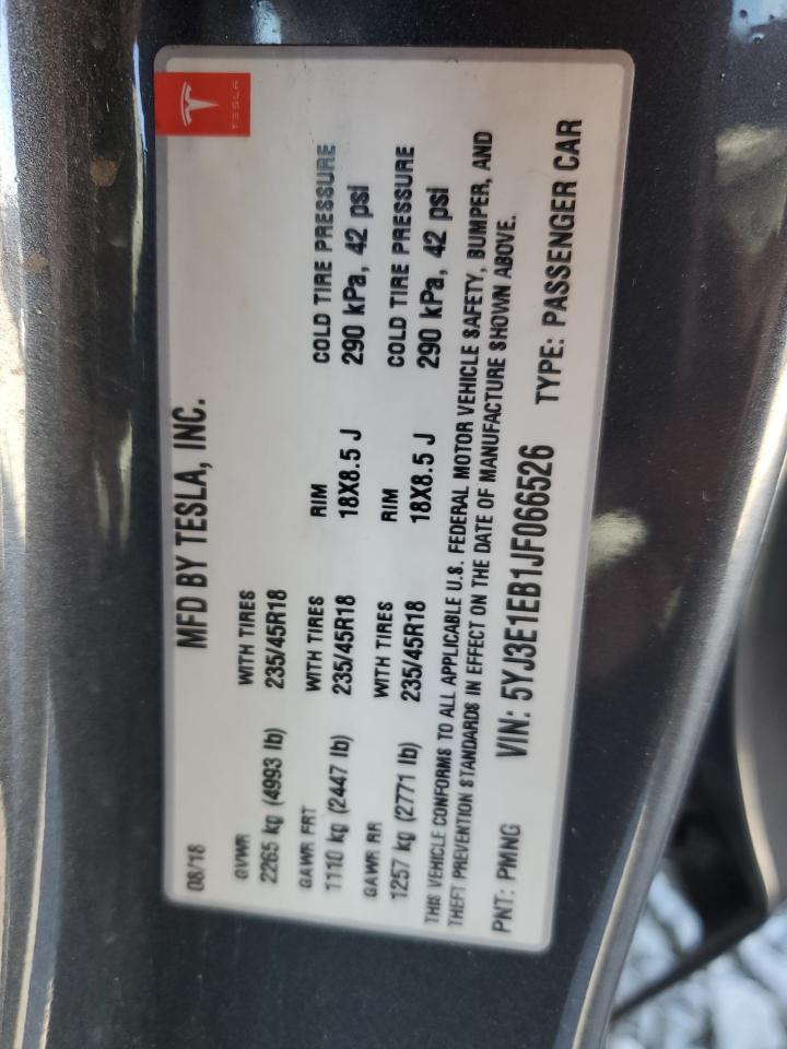 2018 Tesla Model 3 VIN: 5YJ3E1EB1JF066526 Lot: 90638445