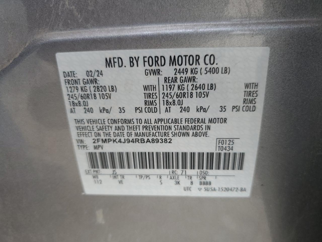 2024 Ford Edge Sel VIN: 2FMPK4J94RBA89382 Lot: 93029025