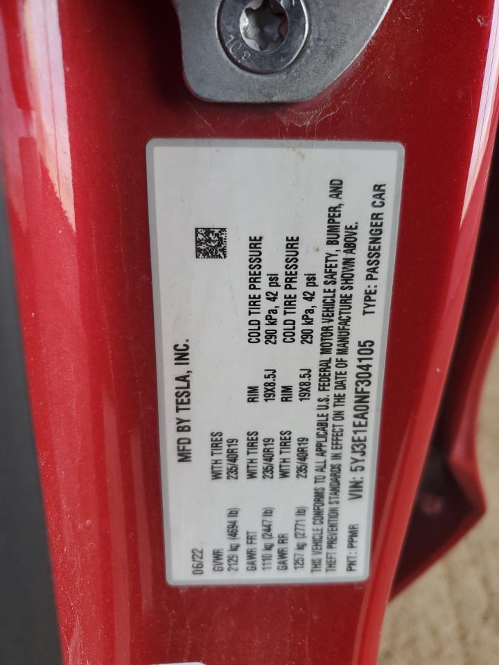 2022 Tesla Model 3 VIN: 5YJ3E1EA0NF304105 Lot: 92121415