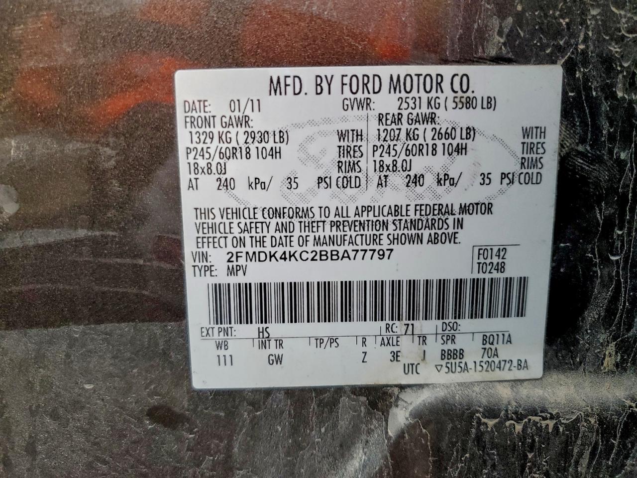 2011 Ford Edge Limited VIN: 2FMDK4KC2BBA77797 Lot: 93455305