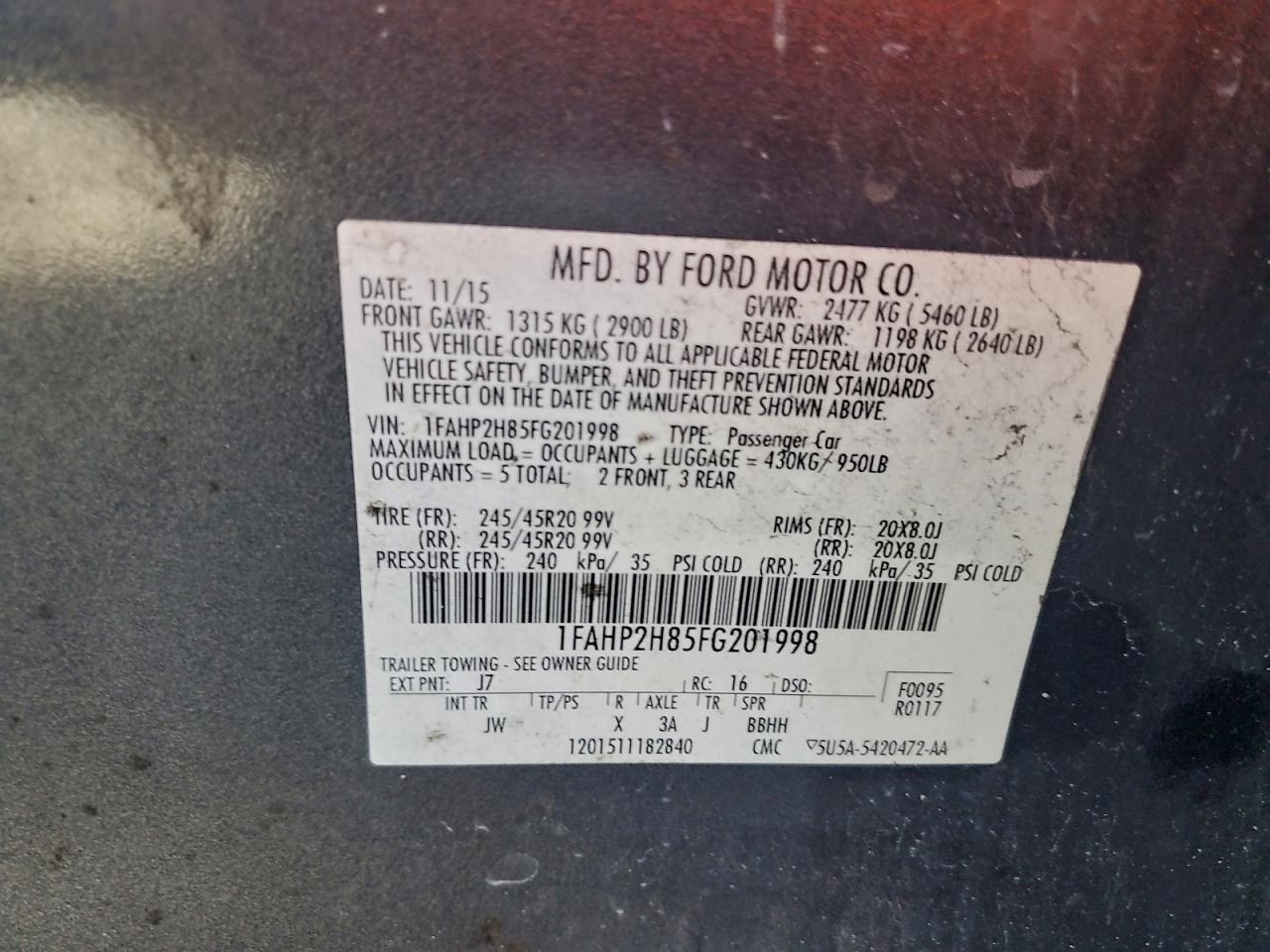 2015 Ford Taurus Sel VIN: 1FAHP2H85FG201998 Lot: 93674735