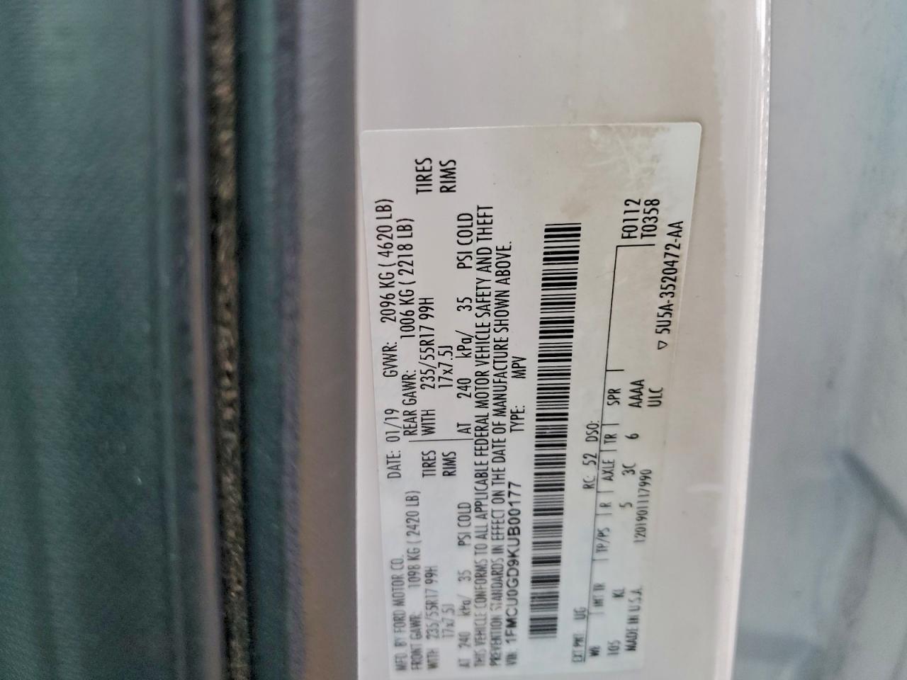 2019 Ford Escape Se VIN: 1FMCU0GD9KUB00177 Lot: 93973785