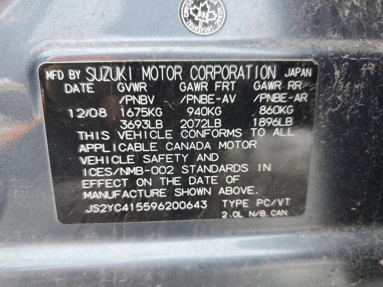 2009 Suzuki Sx4 VIN: JS2YC415596200643 Lot: 93447275