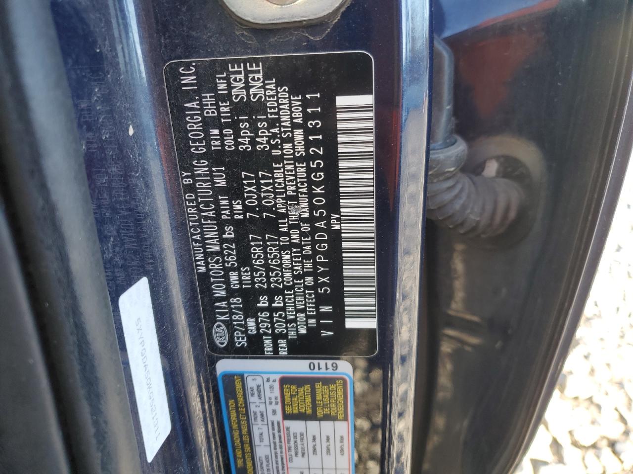 2019 Kia Sorento Lx VIN: 5XYPGDA50KG521311 Lot: 93467045