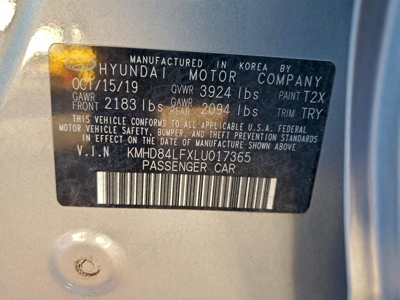 2020 Hyundai Elantra Sel VIN: KMHD84LFXLU017365 Lot: 94192025