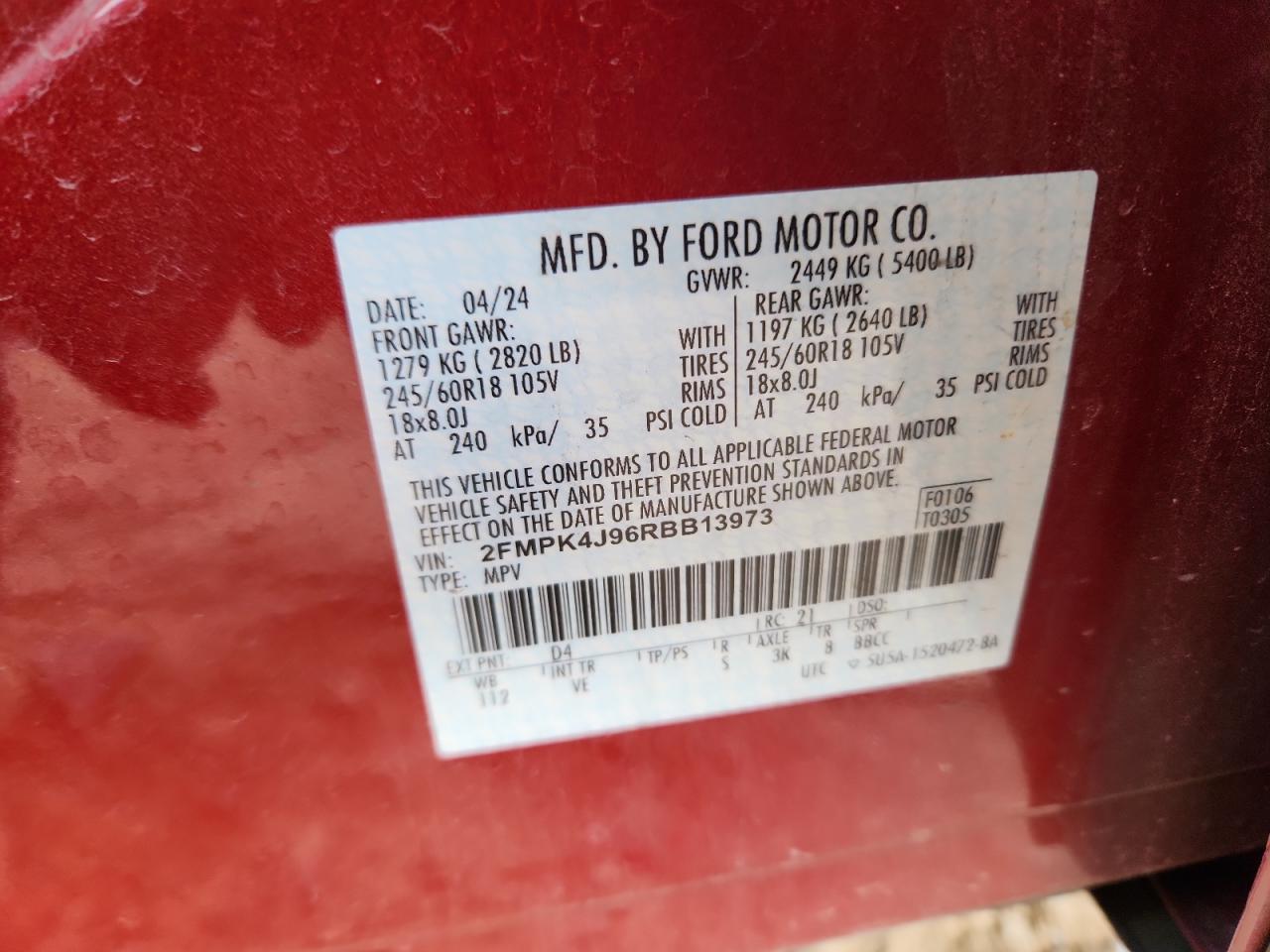 2024 Ford Edge Sel VIN: 2FMPK4J96RBB13973 Lot: 92216825