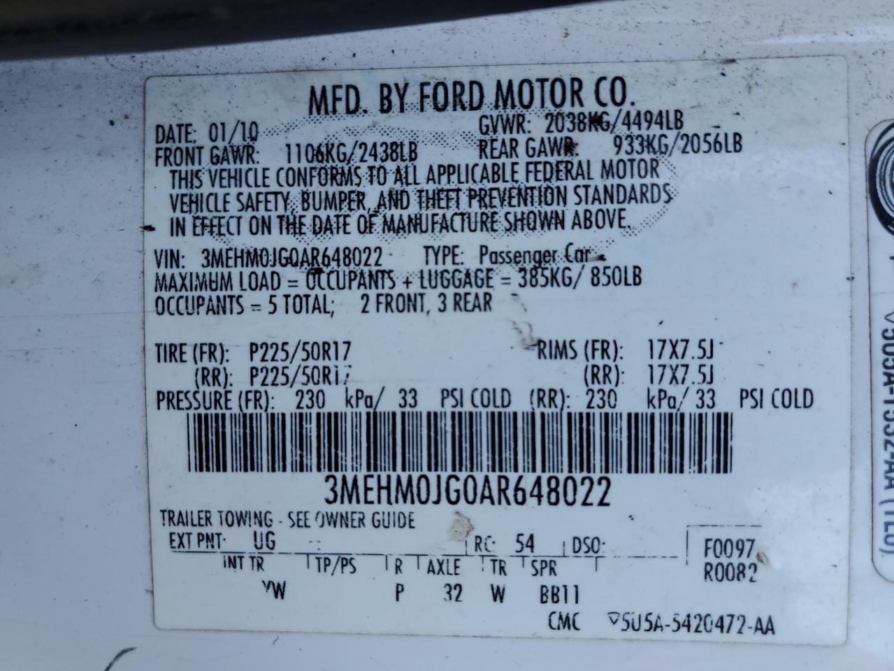 2010 Mercury Milan Premier VIN: 3MEHM0JG0AR648022 Lot: 92436185