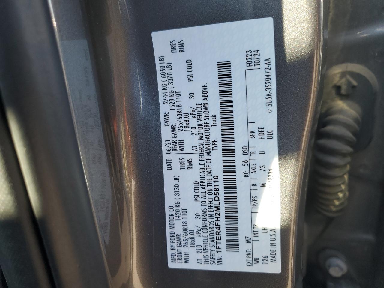 2021 Ford Ranger Xl VIN: 1FTER4FH2MLD58110 Lot: 92917535