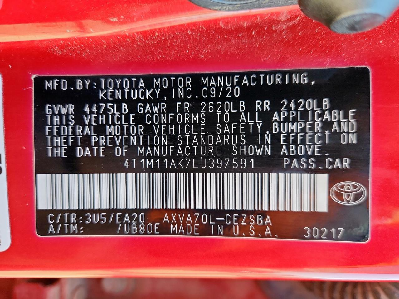 2020 Toyota Camry Se VIN: 4T1M11AK7LU397591 Lot: 90446005