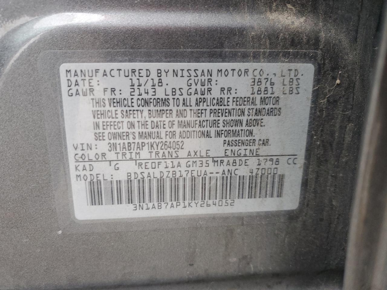 2019 Nissan Sentra S VIN: 3N1AB7AP1KY264052 Lot: 93703675