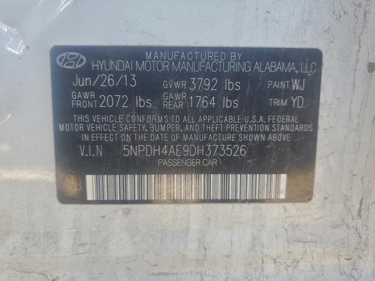 2013 Hyundai Elantra Gls VIN: 5NPDH4AE9DH373526 Lot: 94298385