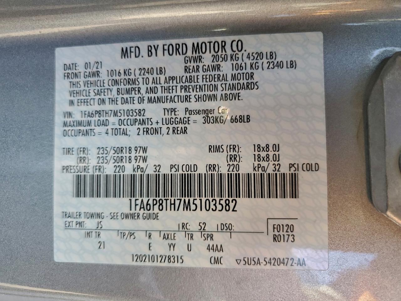 2021 Ford Mustang VIN: 1FA6P8TH7M5103582 Lot: 94179195