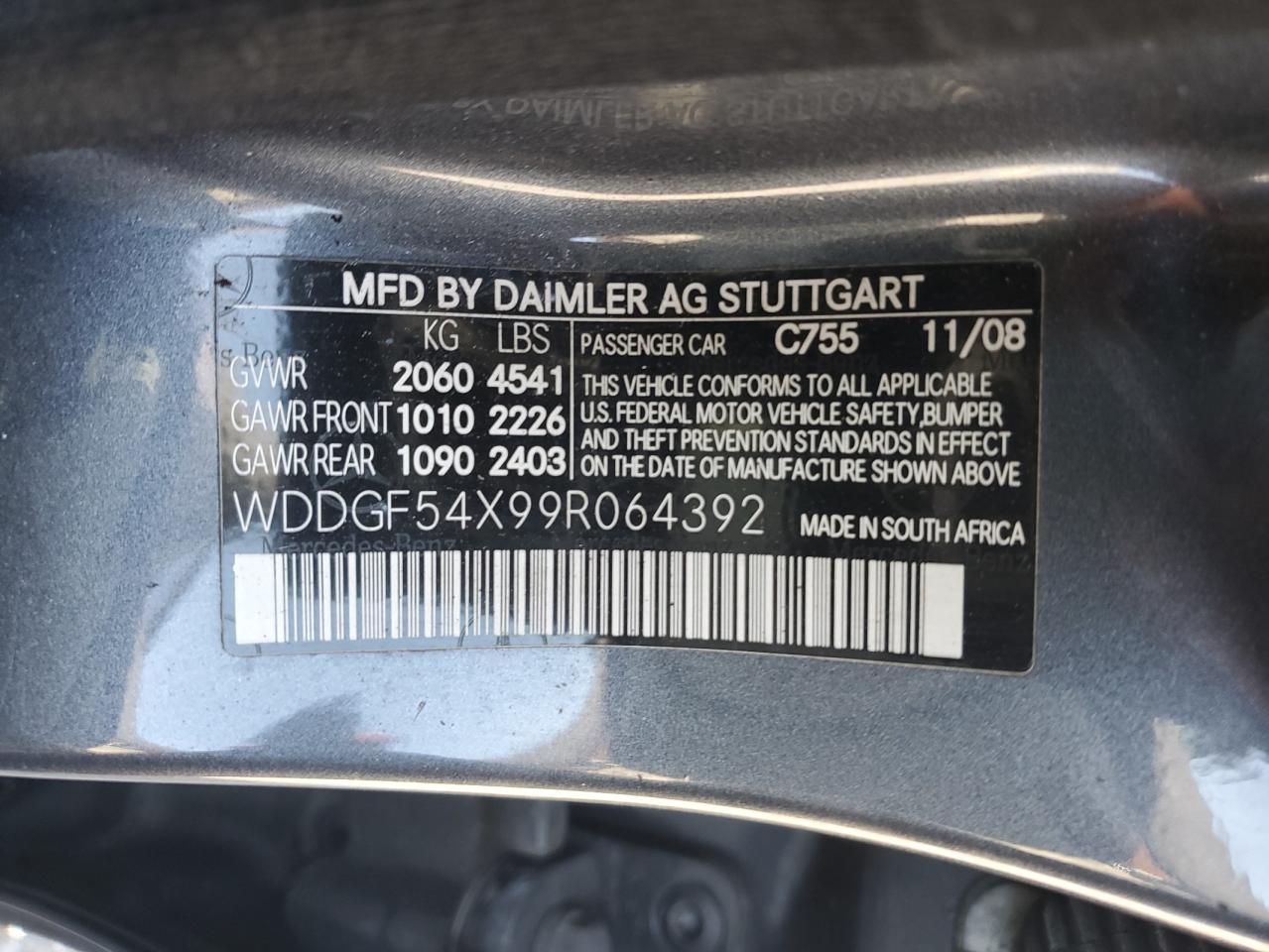 2009 Mercedes-Benz C 300 VIN: WDDGF54X99R064392 Lot: 93145555