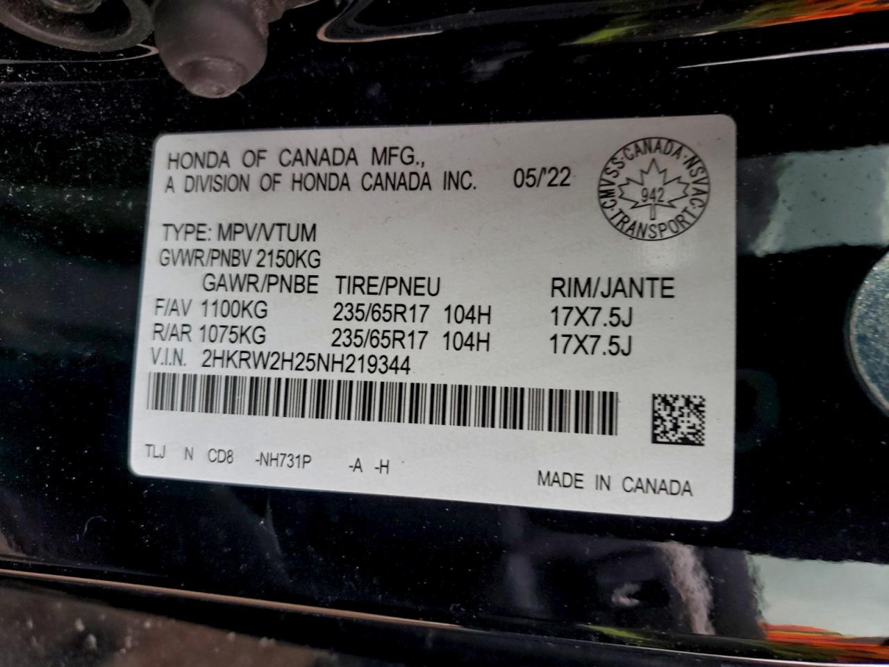 2022 Honda Cr-V Lx VIN: 2HKRW2H25NH219344 Lot: 94550795