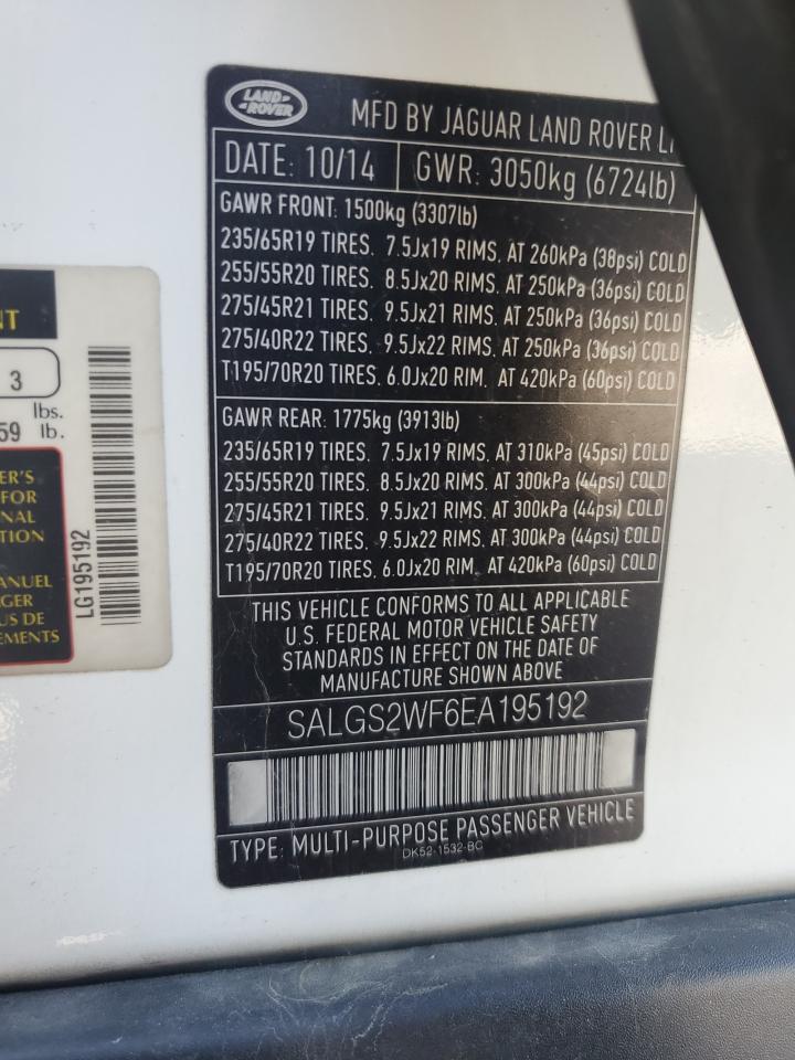 2014 Land Rover Range Rover Hse VIN: SALGS2WF6EA195192 Lot: 91184835