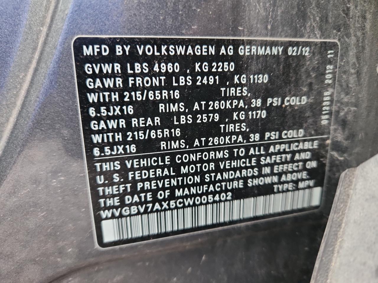 2012 Volkswagen Tiguan S VIN: WVGBV7AX5CW005402 Lot: 92761085