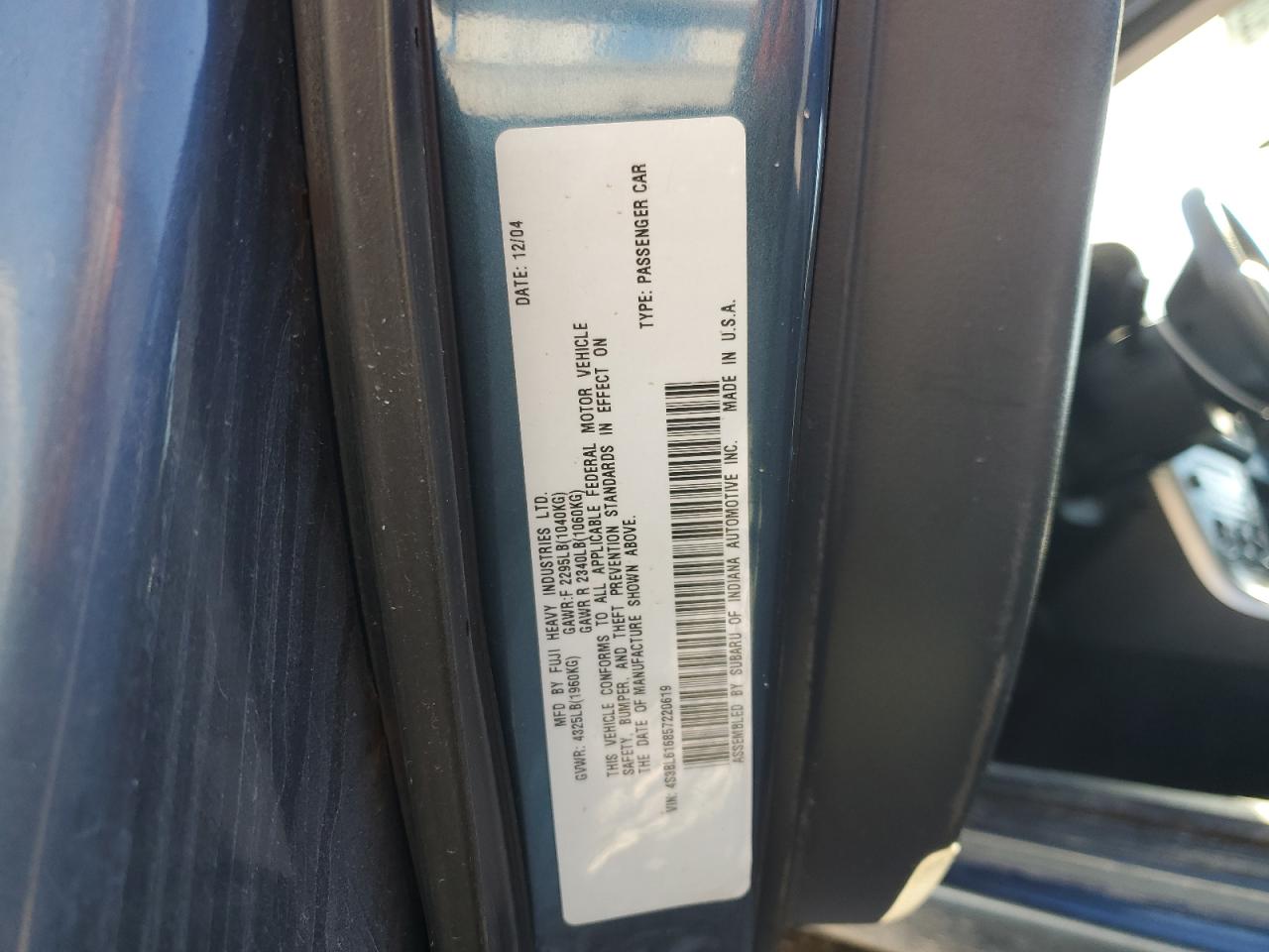 2005 Subaru Legacy 2.5I VIN: 4S3BL616857220619 Lot: 92038555