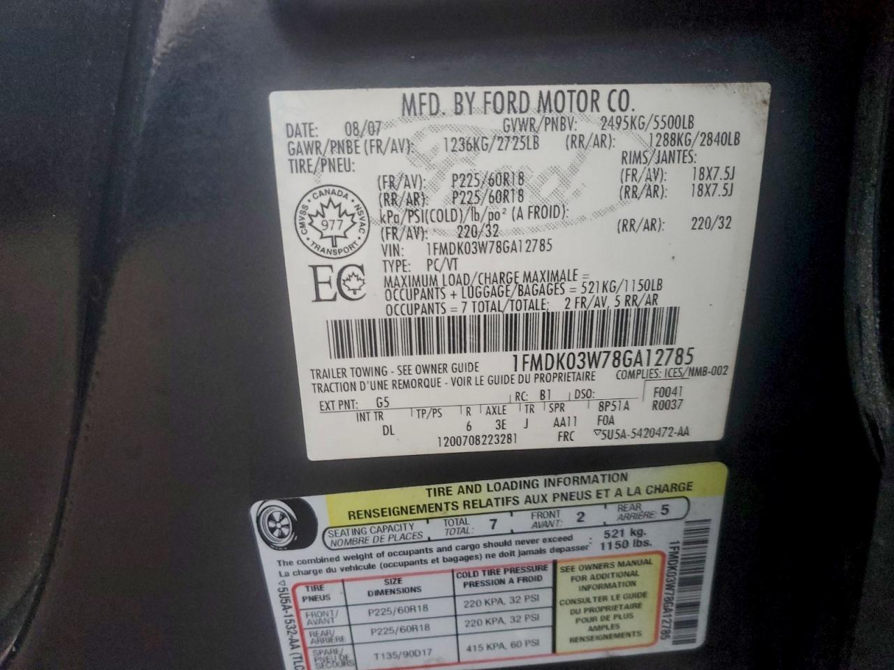 2008 Ford Taurus X Limited VIN: 1FMDK03W78GA12785 Lot: 94320665