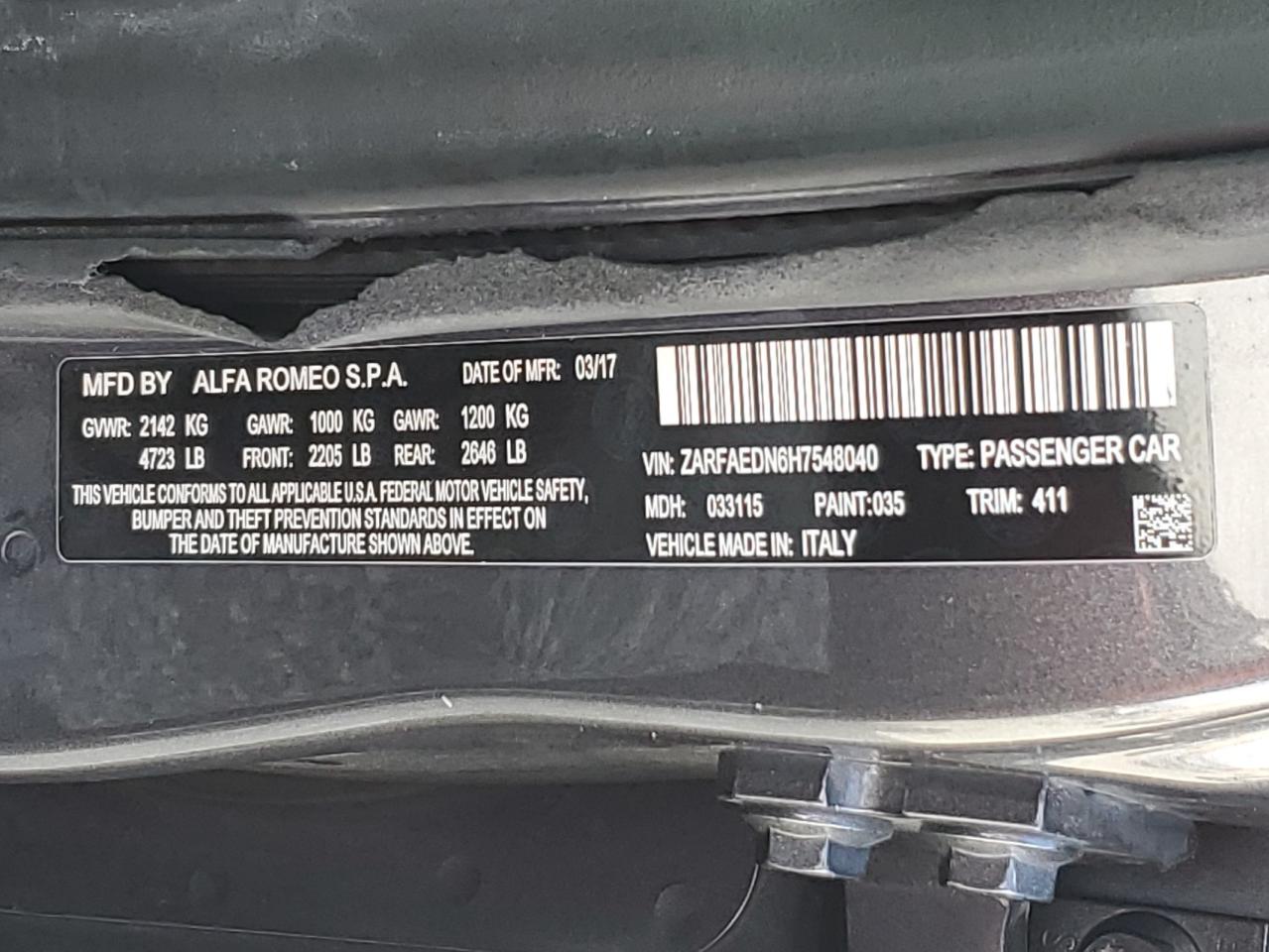 2017 Alfa Romeo Giulia Q4 VIN: ZARFAEDN6H7548040 Lot: 93743685