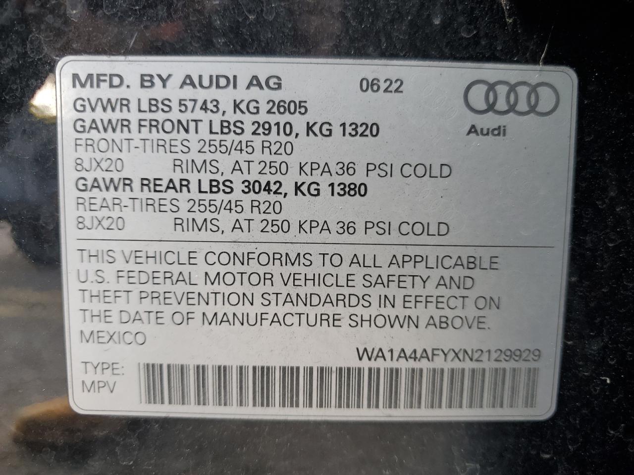 2022 Audi Sq5 Premium VIN: WA1A4AFYXN2129929 Lot: 93386675