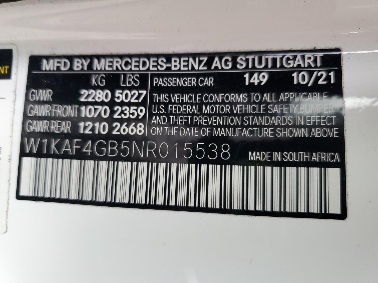2022 Mercedes-Benz C 300 VIN: W1KAF4GB5NR015538 Lot: 92714215