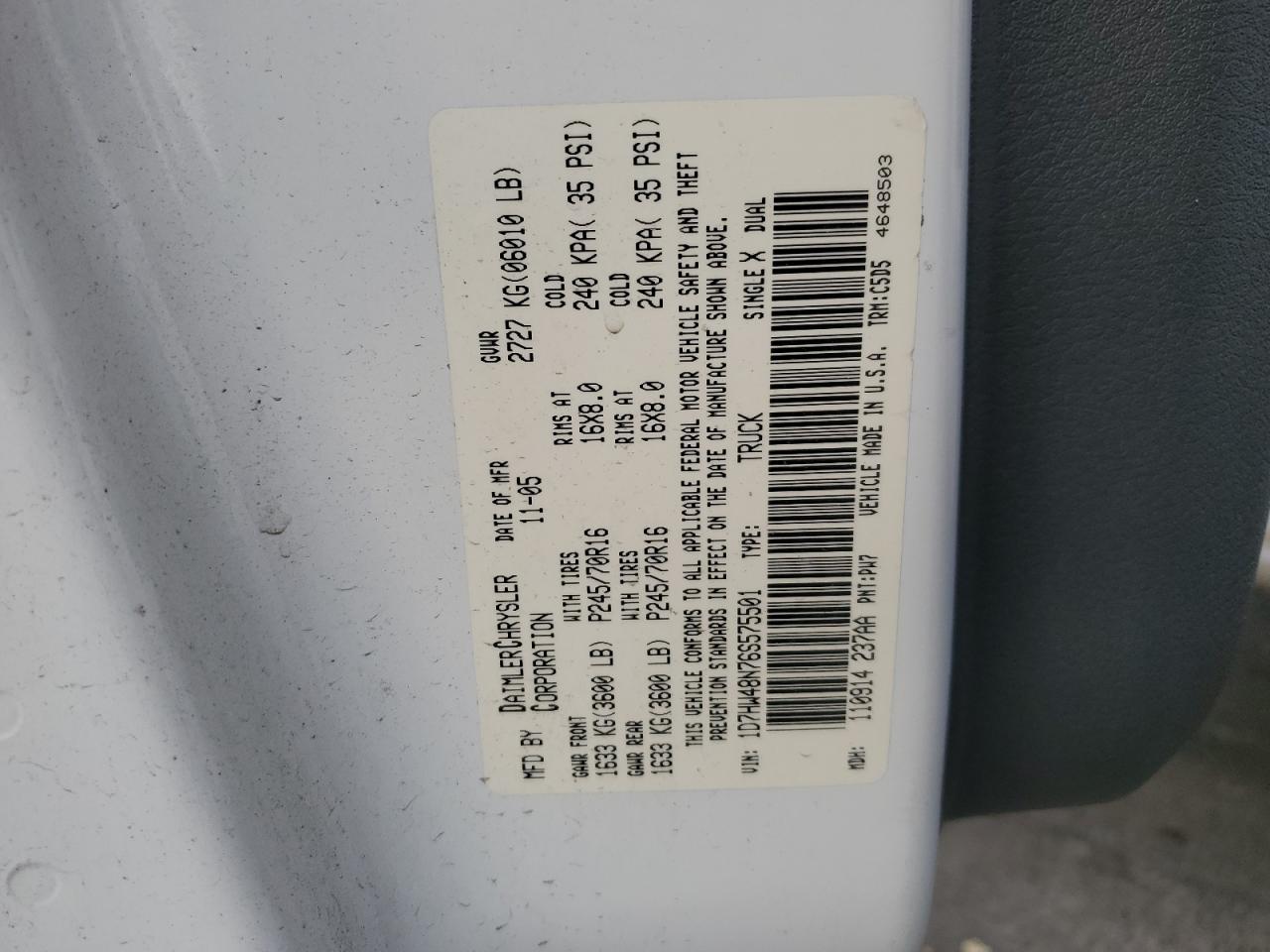 2006 Dodge Dakota Quad Slt VIN: 1D7HW48N76S575501 Lot: 91637125