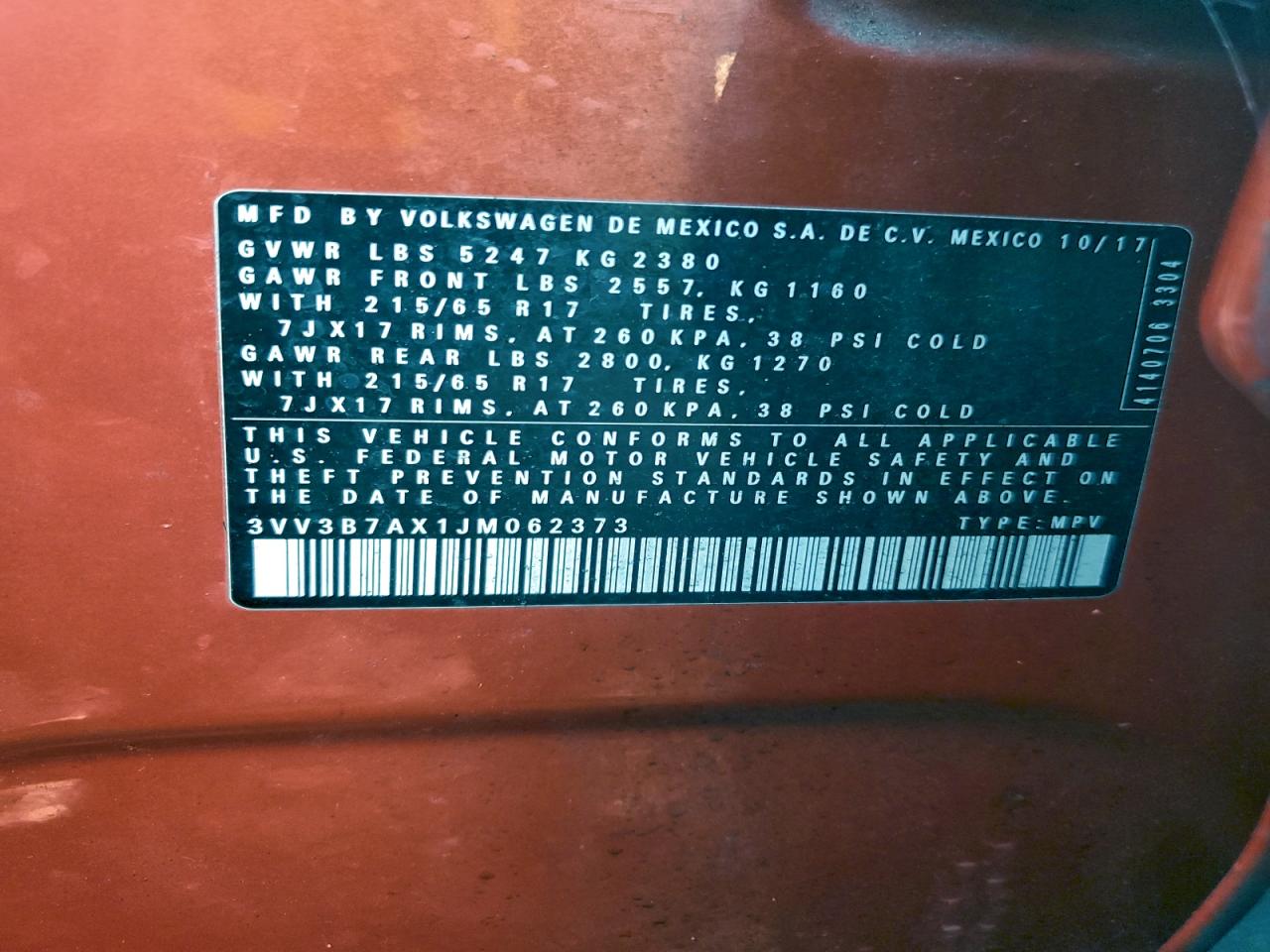 2018 Volkswagen Tiguan Se VIN: 3VV3B7AX1JM062373 Lot: 93810905