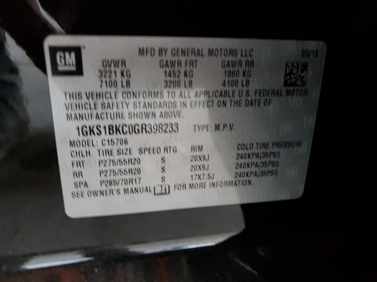 2016 GMC Yukon Slt VIN: 1GKS1BKC0GR398233 Lot: 92292095