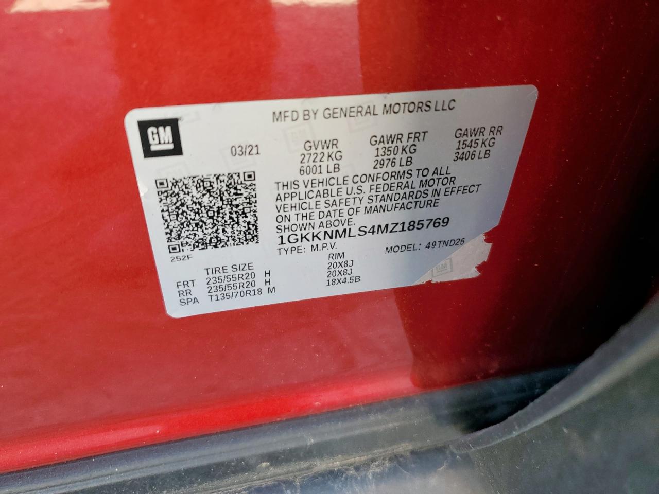 2021 GMC Acadia Slt VIN: 1GKKNMLS4MZ185769 Lot: 92068155