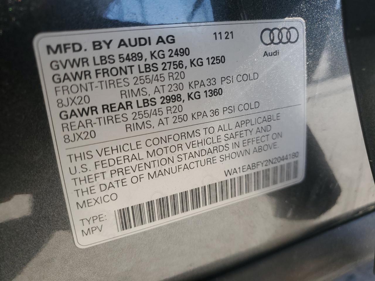 2022 Audi Q5 Premium Plus 45 VIN: WA1EABFY2N2044180 Lot: 92908625