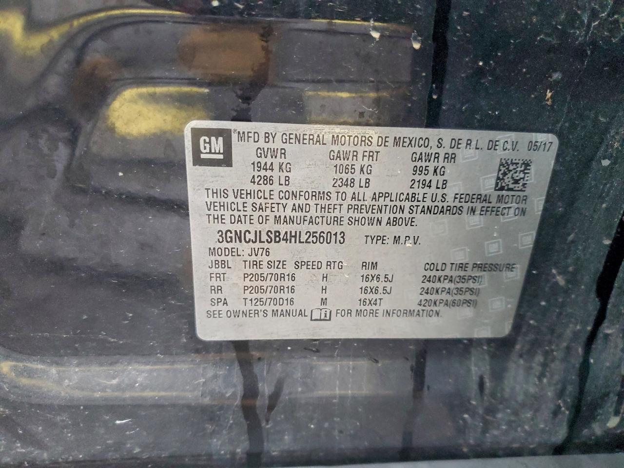 2017 Chevrolet Trax 1Lt VIN: 3GNCJLSB4HL256013 Lot: 93907655